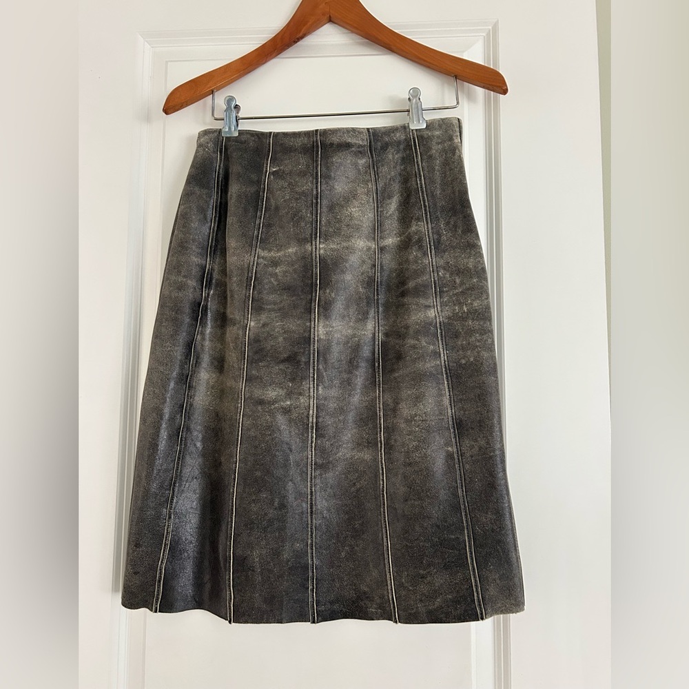Grey Distressed Leather Paneled A-Line Skirt